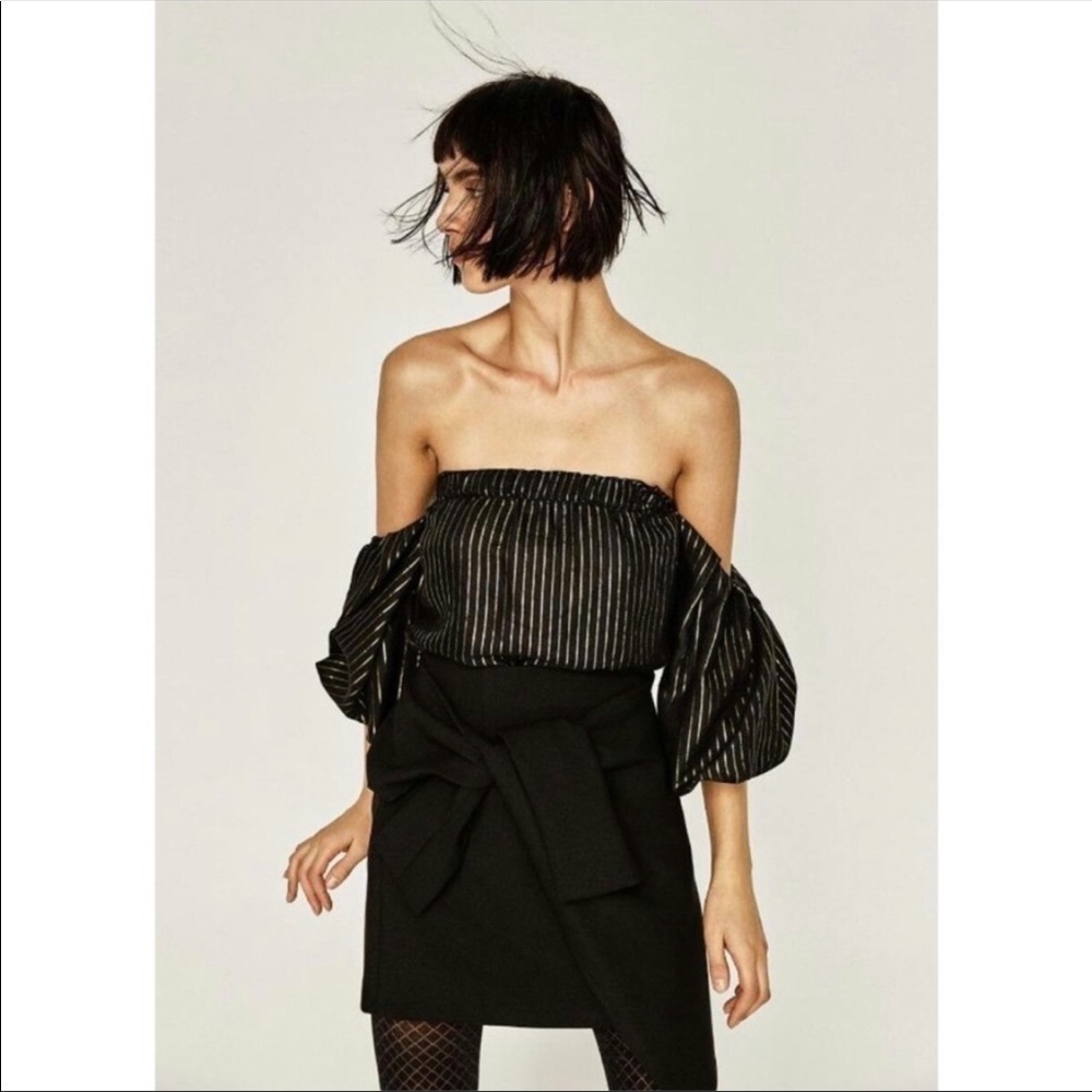 Zara | Gold Striped Puff Sleeve Off Shoulder Top